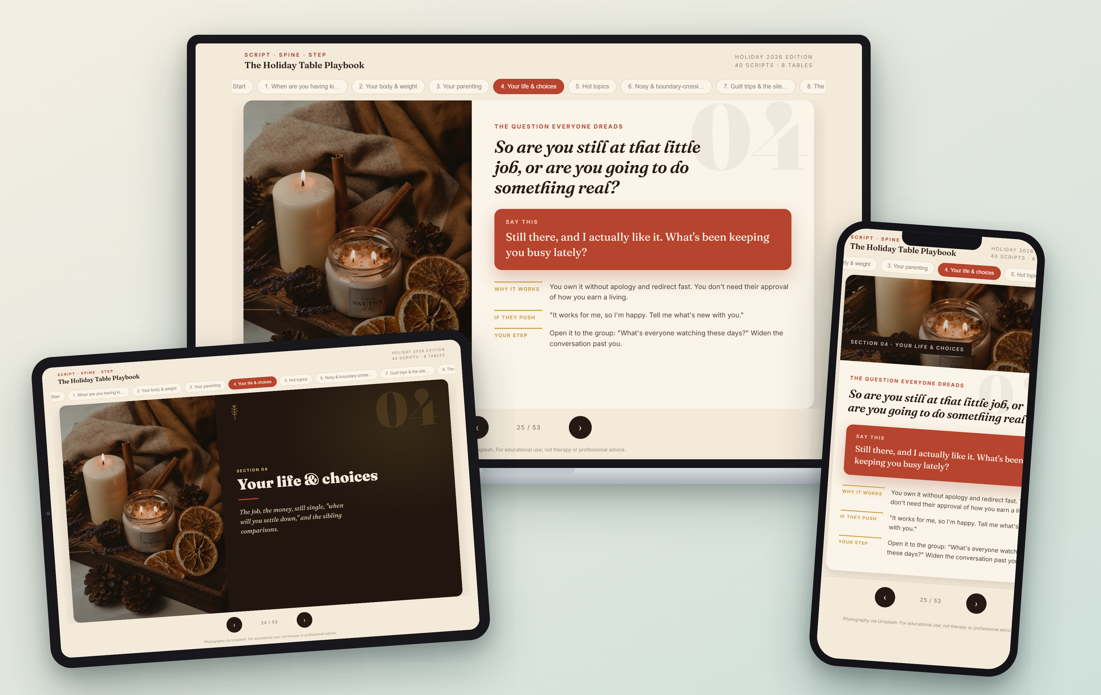 The Holiday Table Playbook open on a laptop, tablet and phone